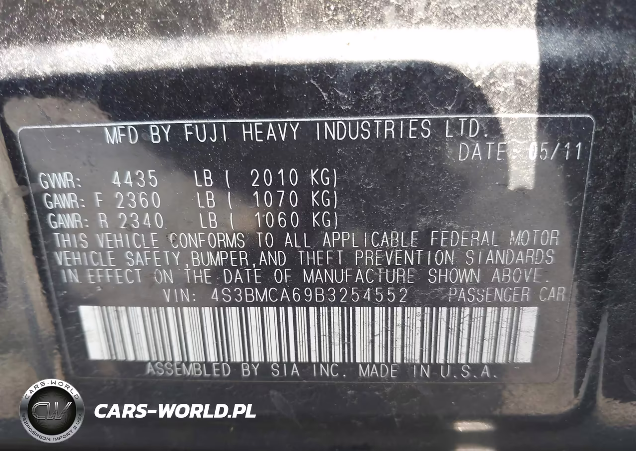 2011 Subaru Legacy 2.5I VIN:4S3BMCA69B3254552 - 9