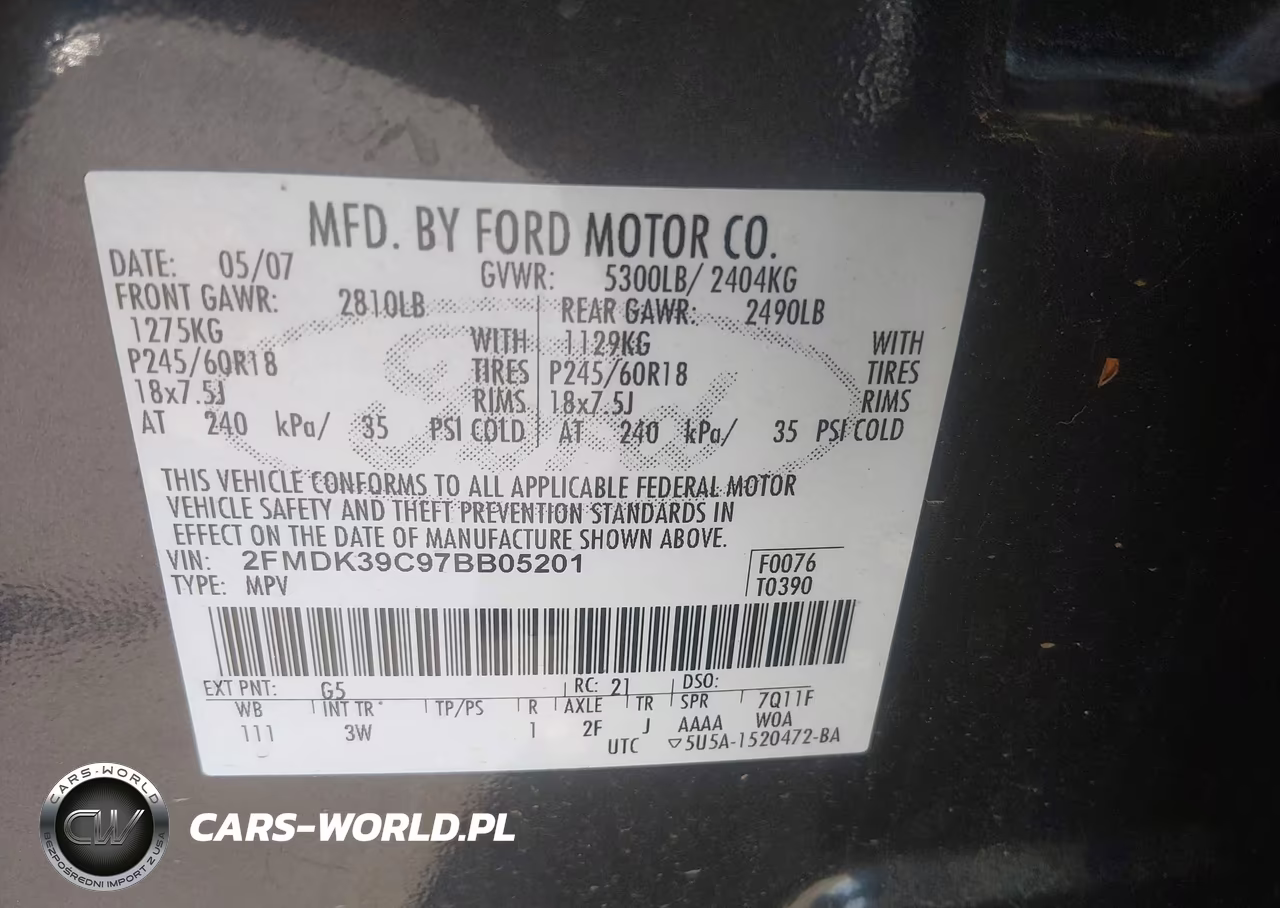 2007 Ford Edge Sel Plus VIN:2FMDK39C97BB05201 - 9