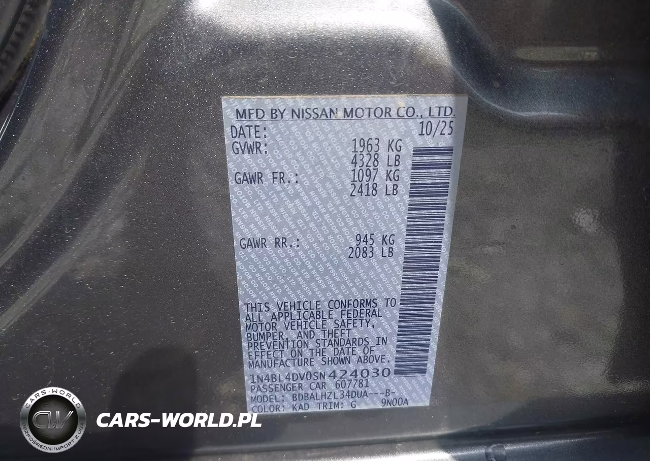 2025 Nissan Altima Sv Fwd VIN:1N4BL4DV0SN424030 - 9