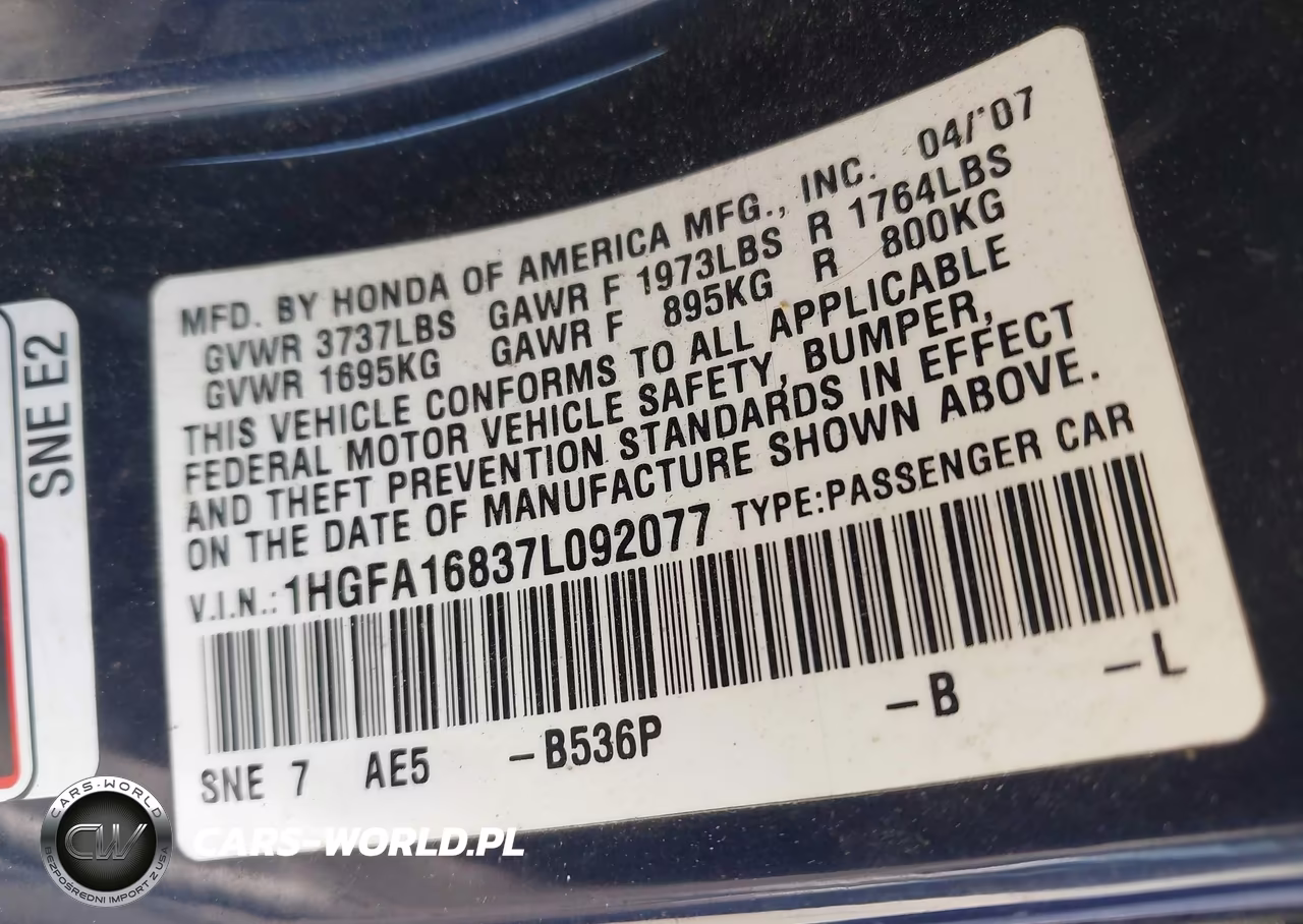 2007 Honda Civic Ex VIN:1HGFA16837L092077 - 9