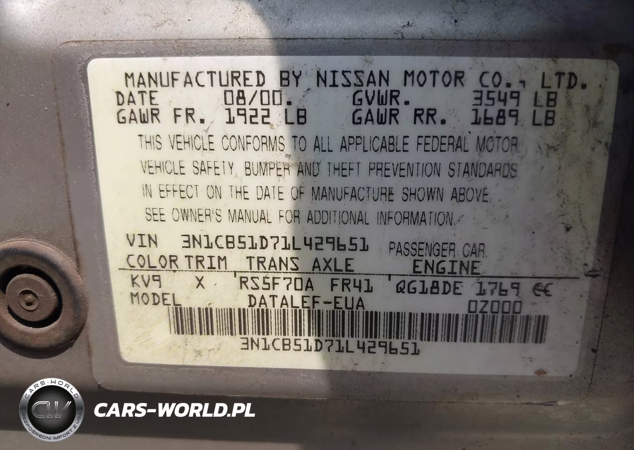 2001 Nissan Sentra Gxe VIN:3N1CB51D71L429651 - 9