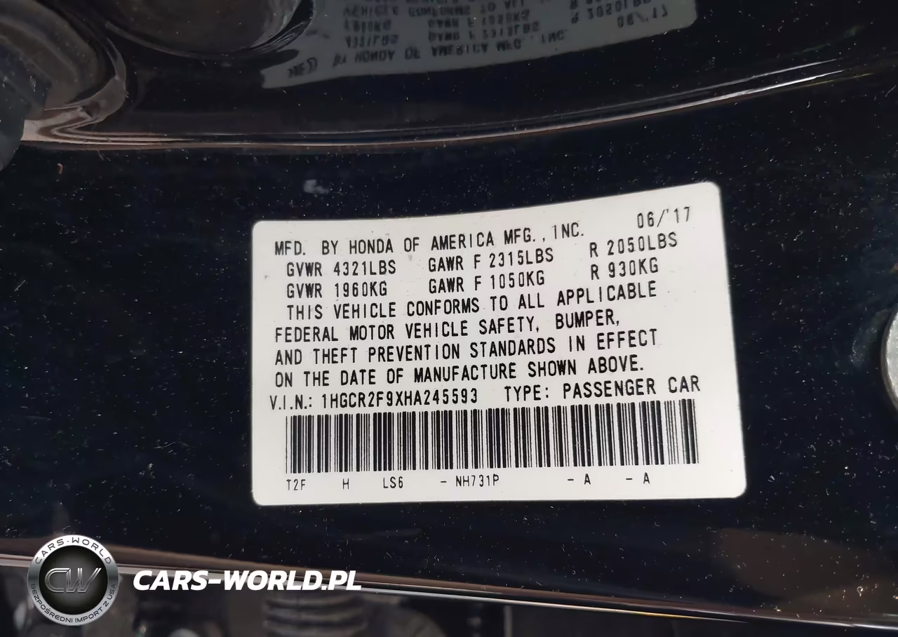 2017 Honda Accord Ex-L VIN:1HGCR2F9XHA245593 - 9