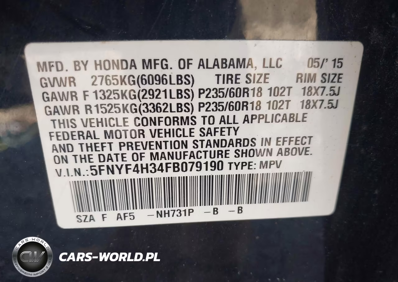 2015 Honda Pilot Se VIN:5FNYF4H34FB079190 - 9