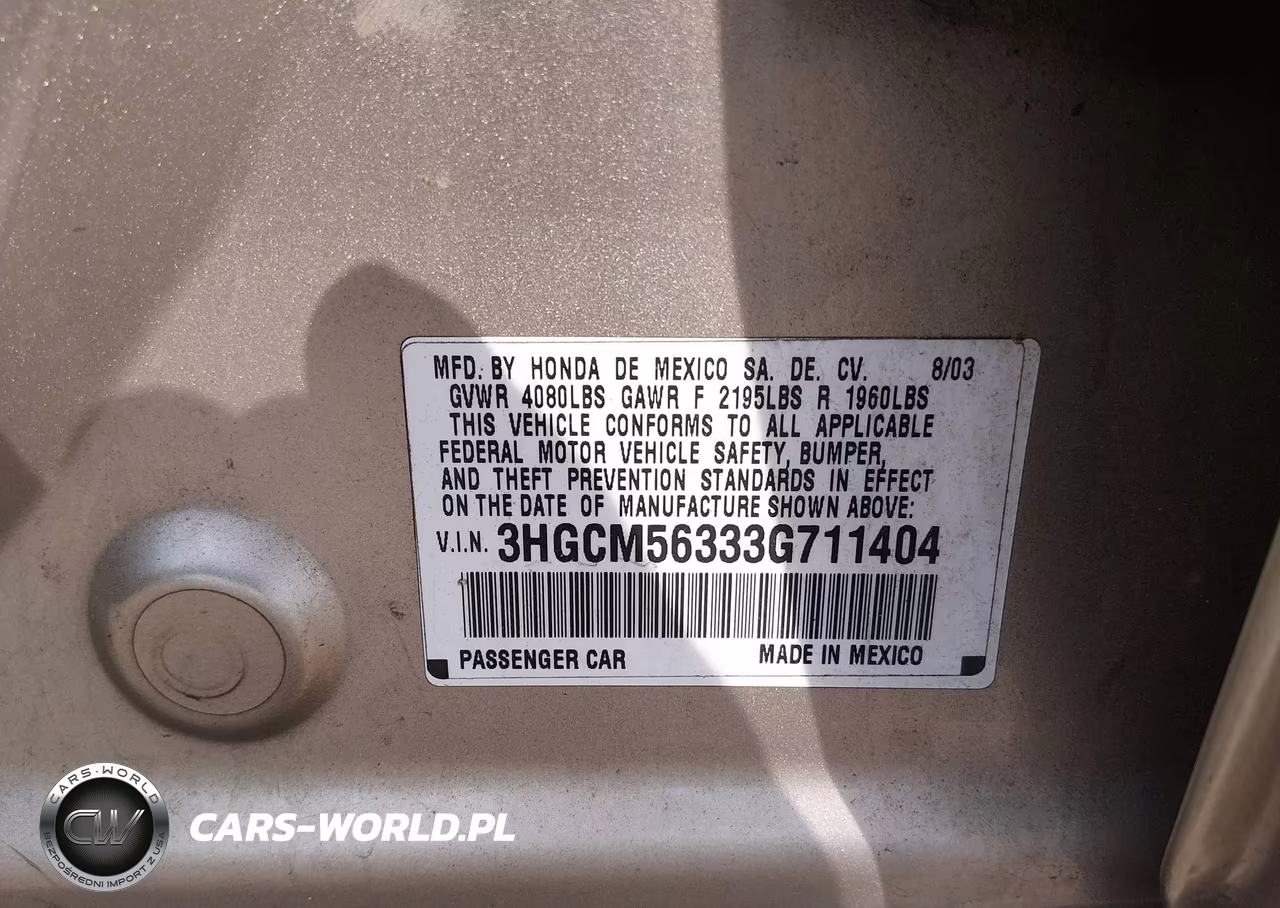 2003 Honda Accord 2.4 Lx VIN:3HGCM56333G711404 - 9
