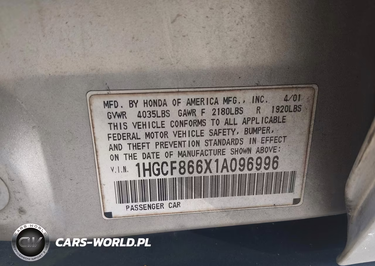 2001 Honda Accord Value Package VIN:1HGCF866X1A096996 - 9