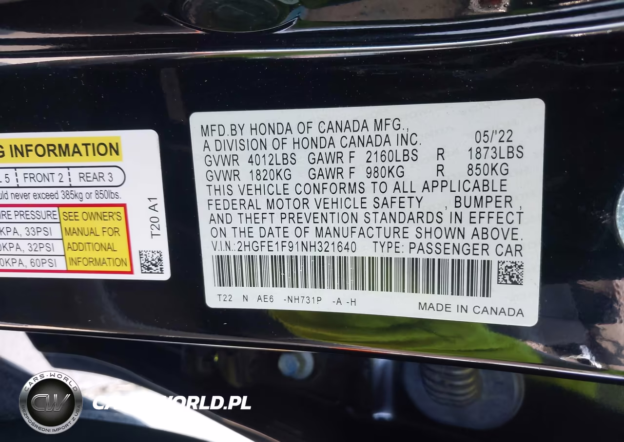 2022 Honda Civic Touring VIN:2HGFE1F91NH321640 - 9