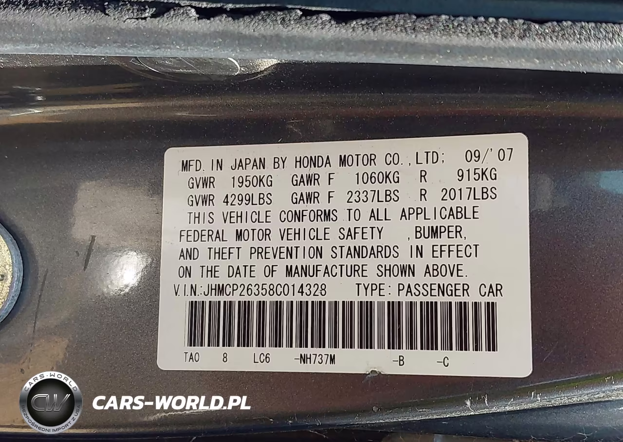 2008 Honda Accord 2.4 Lx VIN:JHMCP26358C014328 - 9