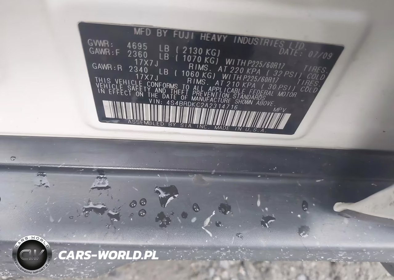 2010 Subaru Outback 3.6R Limited VIN:4S4BRDKC2A2314716 - 9