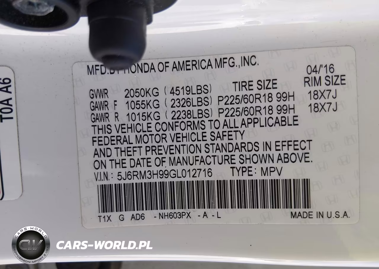 2016 Honda Cr-V Touring VIN:5J6RM3H99GL012716 - 9