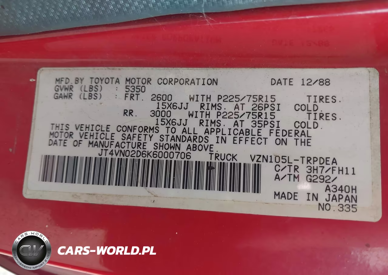 1989 Toyota Pickup 1-2 Ton Lng Wheelbase Dlx VIN:JT4VN02D6K6000706 - 9