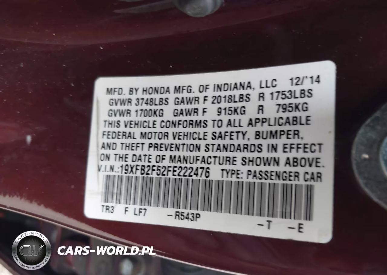 2015 Honda Civic Lx VIN:19XFB2F52FE222476 - 9