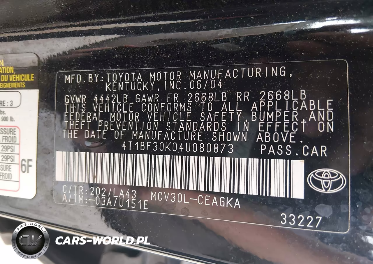 2004 Toyota Camry Xle V6 VIN:4T1BF30K04U080873 - 9