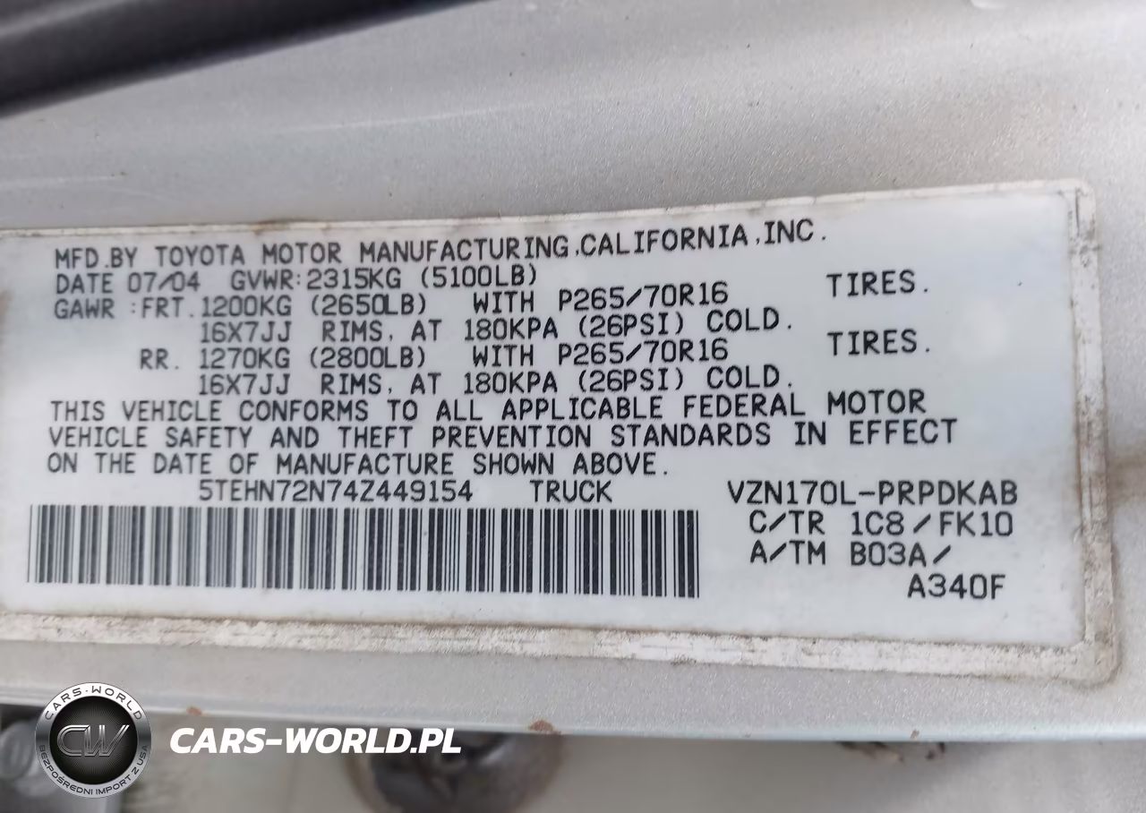 2004 Toyota Tacoma Base V6 VIN:5TEHN72N74Z449154 - 9