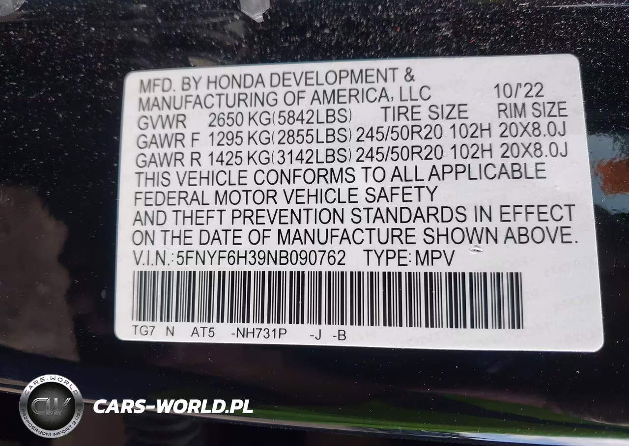 2022 Honda Pilot Awd Sport VIN:5FNYF6H39NB090762 - 9