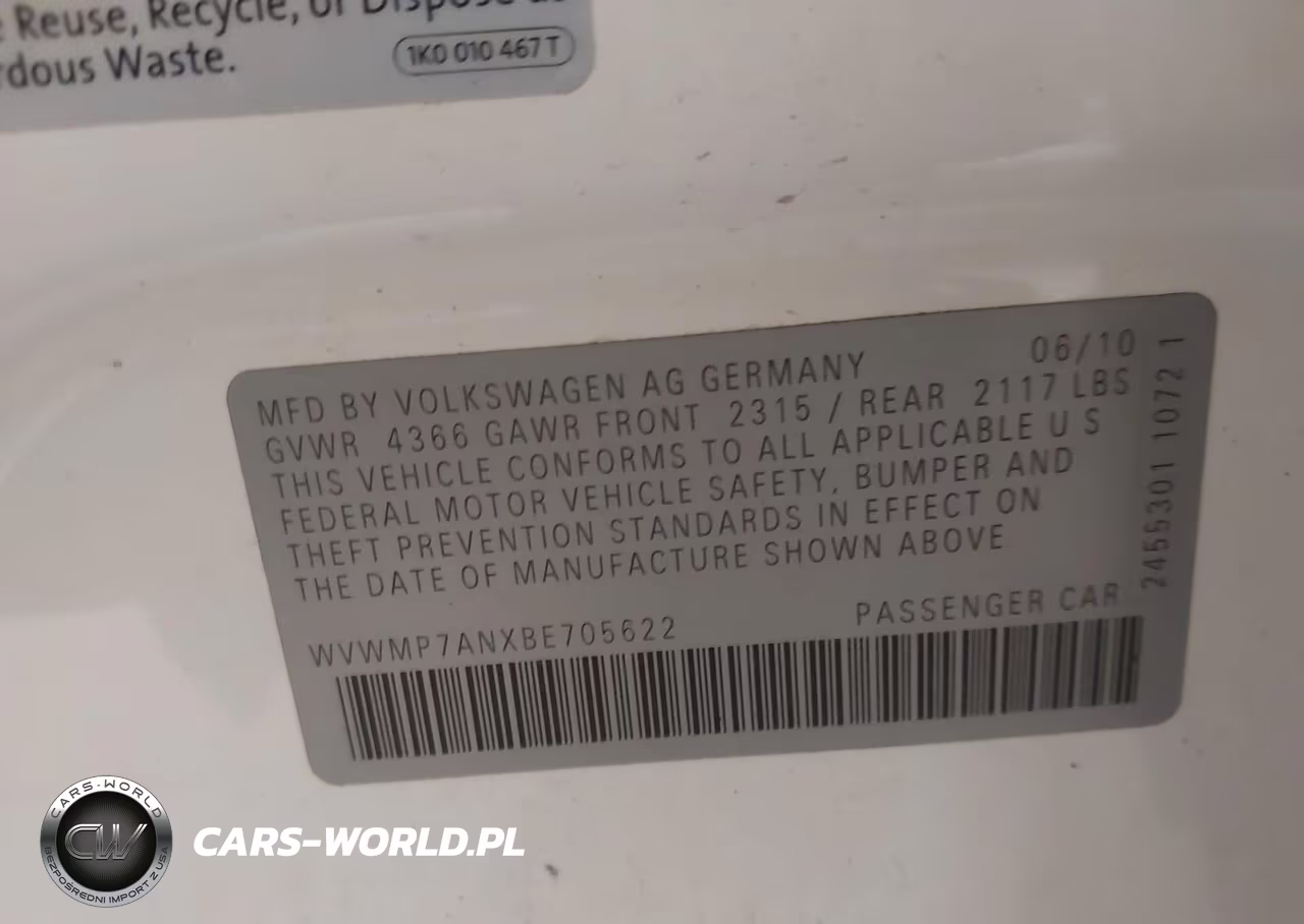 2011 Volkswagen Cc Sport VIN:WVWMP7ANXBE705622 - 9