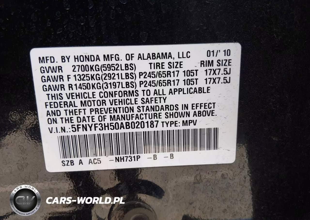 2010 Honda Pilot Ex-L VIN:5FNYF3H50AB020187 - 9