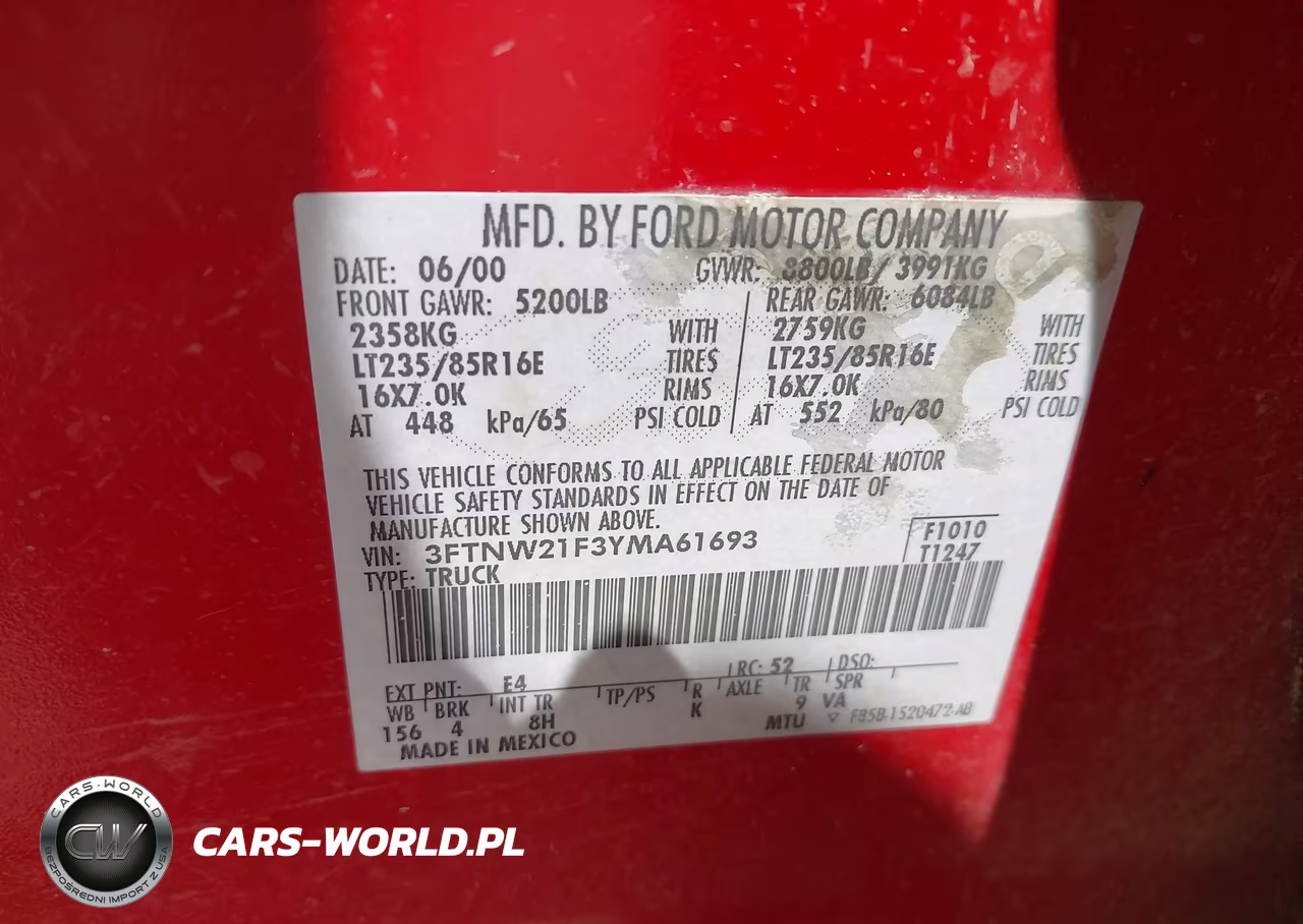 2000 Ford F-250 Lariat-Xl-Xlt VIN:3FTNW21F3YMA61693 - 9