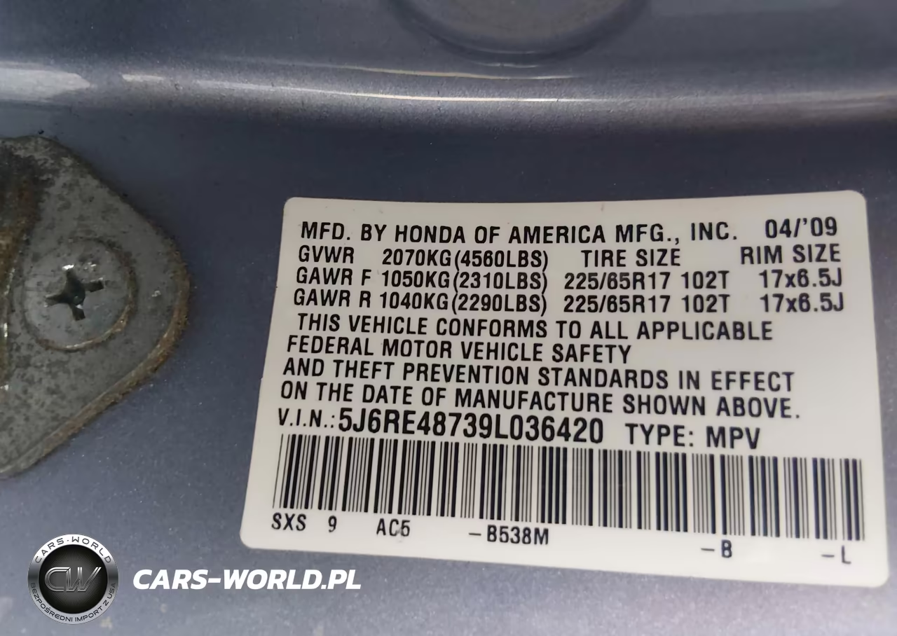 2009 Honda Cr-V Ex-L VIN:5J6RE48739L036420 - 9