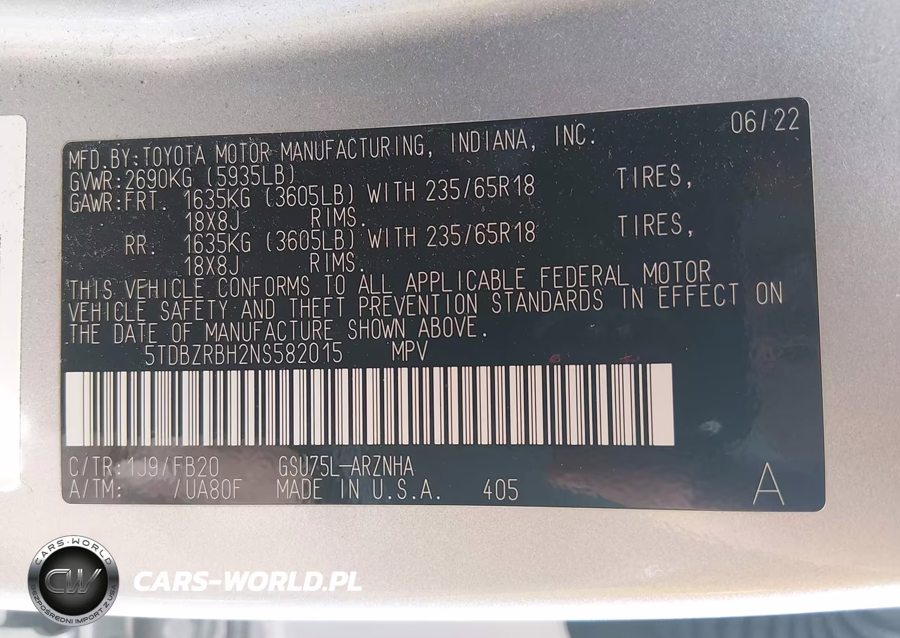 2022 Toyota Highlander Le VIN:5TDBZRBH2NS582015 - 9