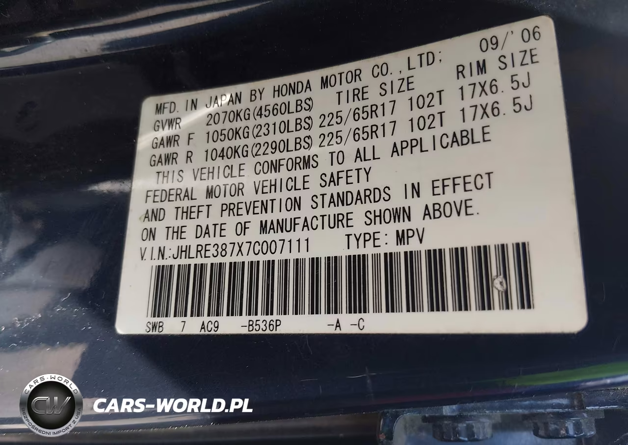 2007 Honda Cr-V Ex-L VIN:JHLRE387X7C007111 - 9