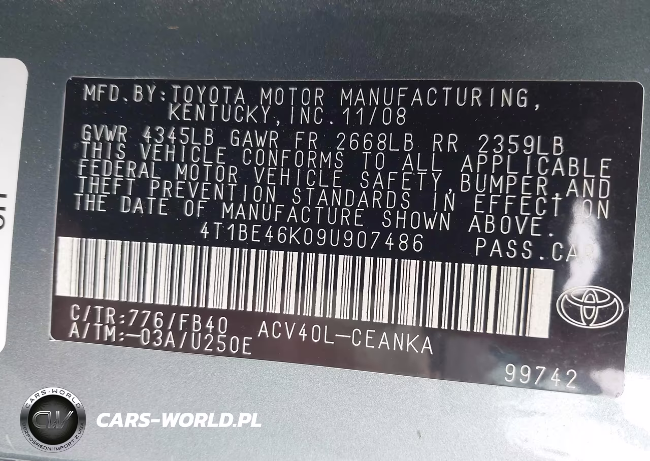 2009 Toyota Camry Le VIN:4T1BE46K09U907486 - 9