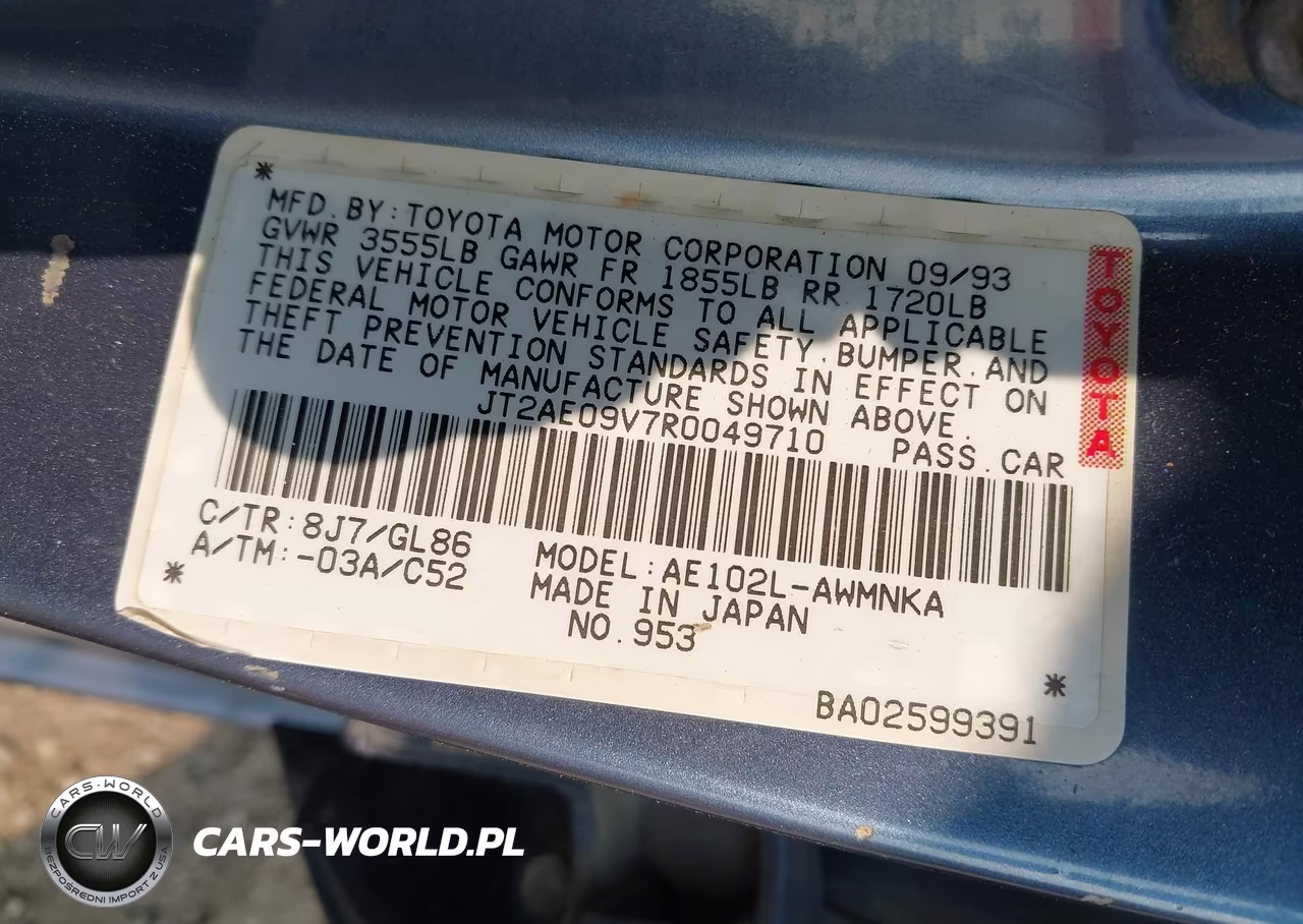 1994 Toyota Corolla Dx VIN:JT2AE09V7R0049710 - 9