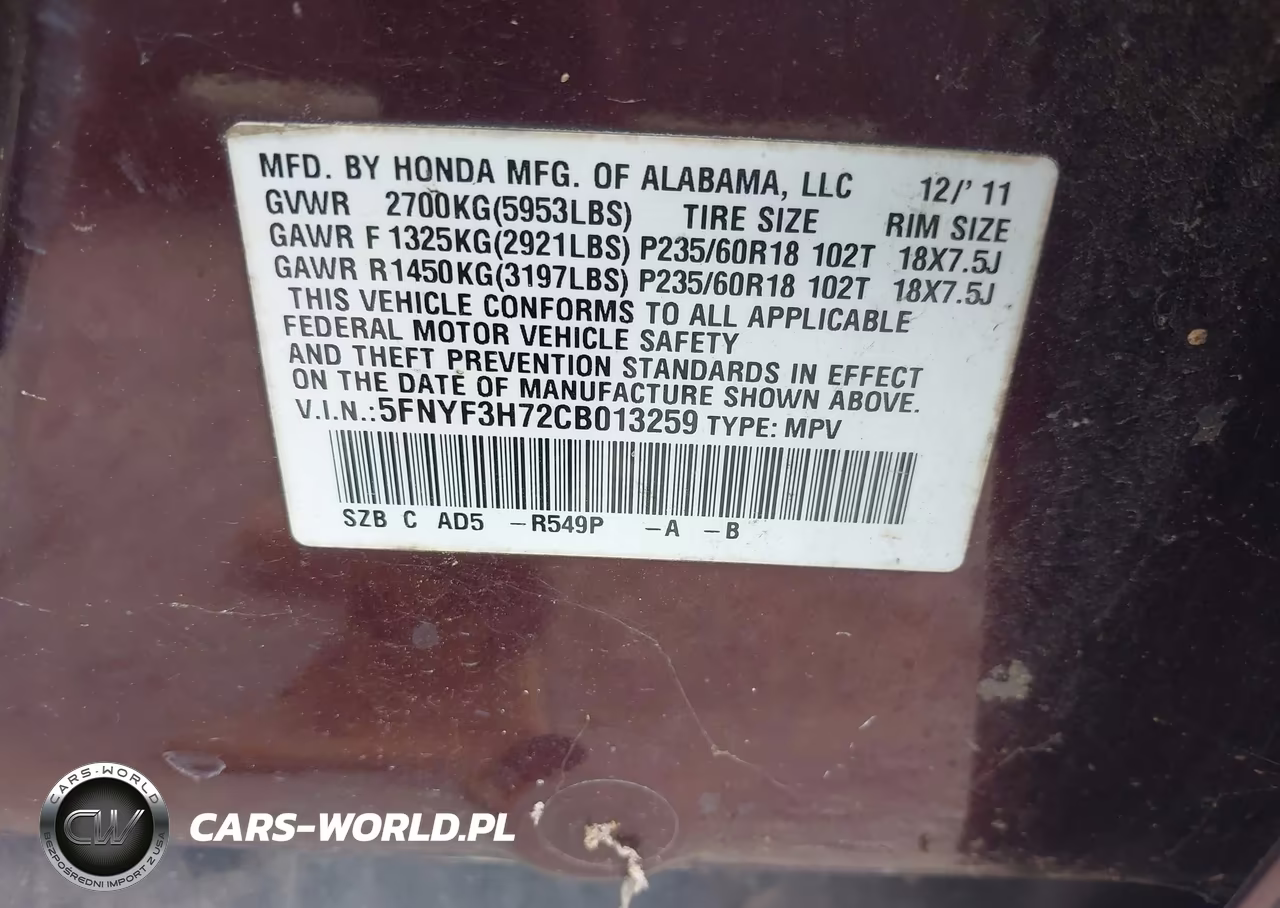 2012 Honda Pilot Ex-L VIN:5FNYF3H72CB013259 - 9