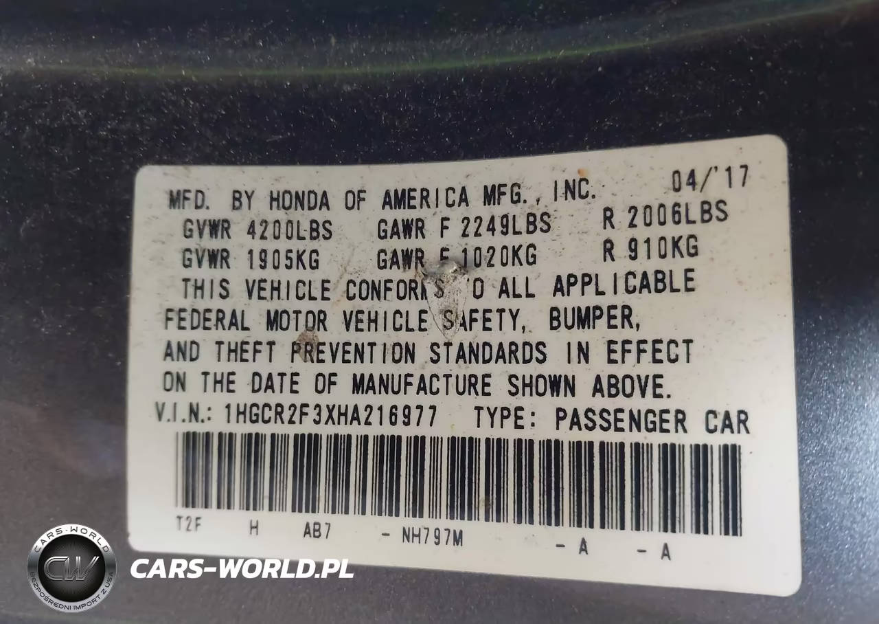 2017 Honda Accord Lx VIN:1HGCR2F3XHA216977 - 9