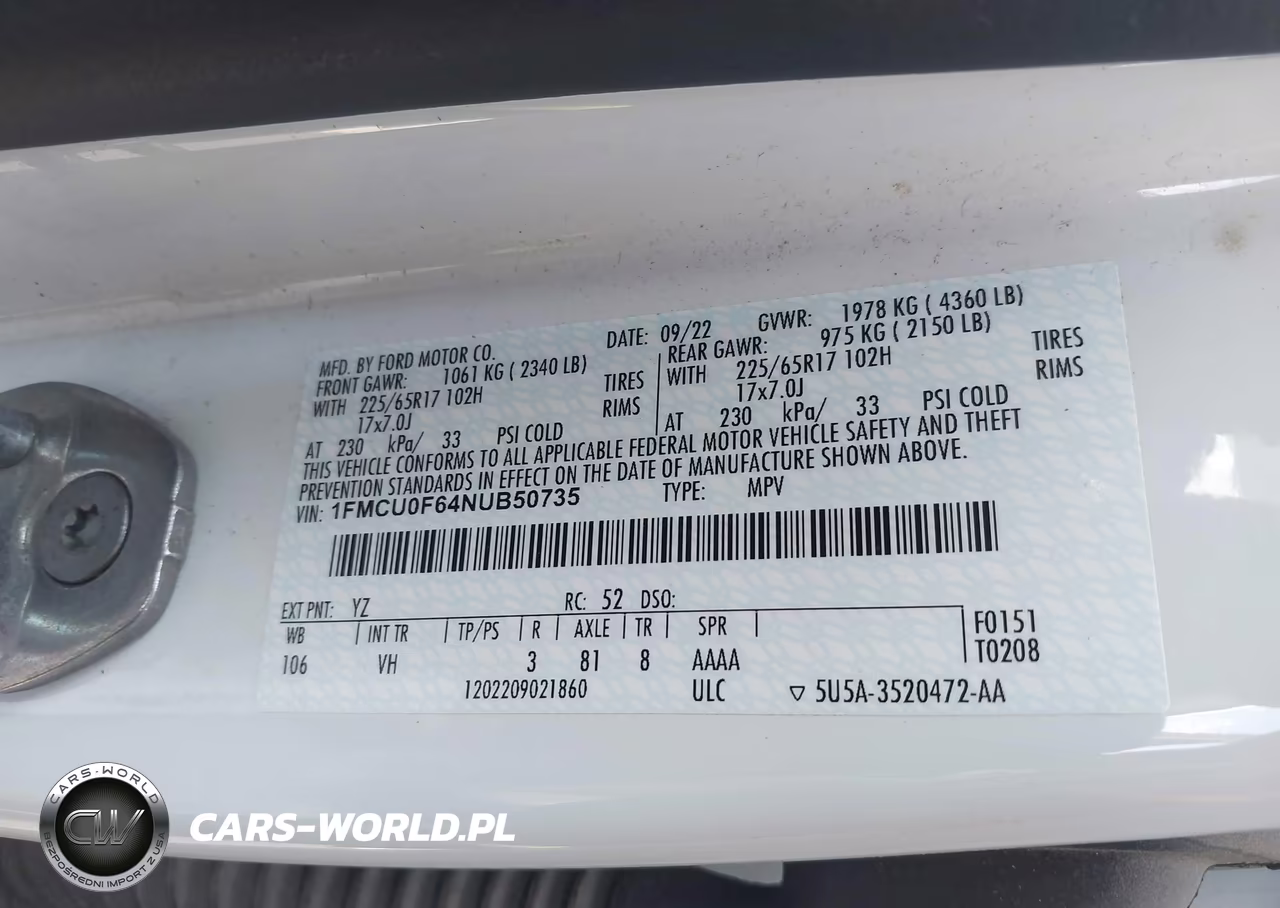 2022 Ford Escape S VIN:1FMCU0F64NUB50735 - 9