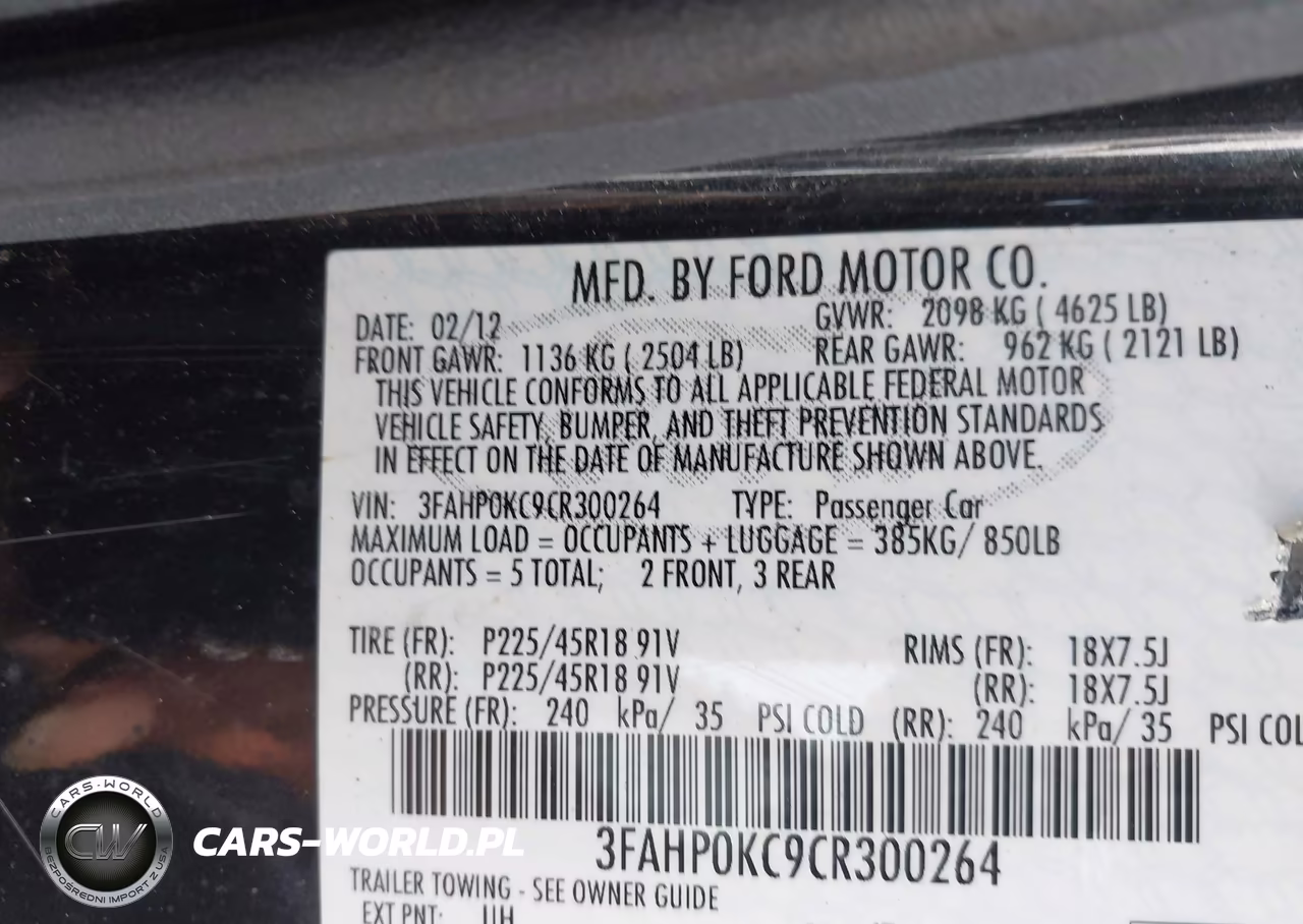 2012 Ford Fusion Sport VIN:3FAHP0KC9CR300264 - 9