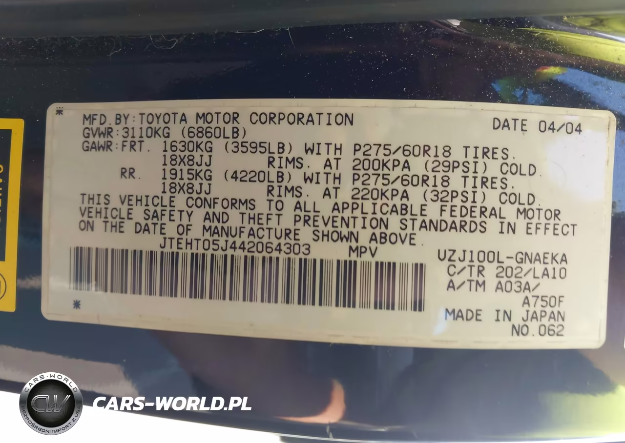 2004 Toyota Land Cruiser VIN:JTEHT05J442064303 - 9