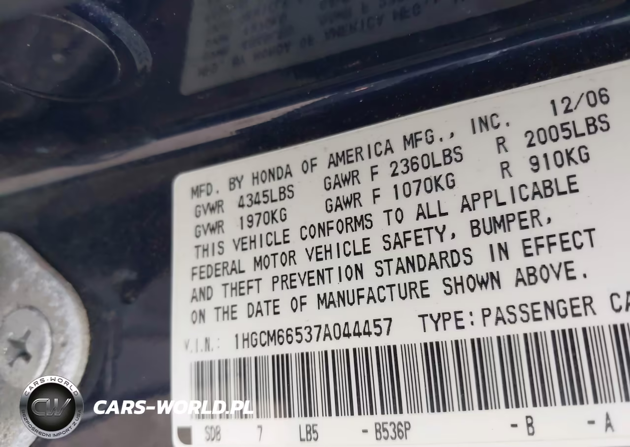 2007 Honda Accord 3.0 Ex VIN:1HGCM66537A044457 - 9