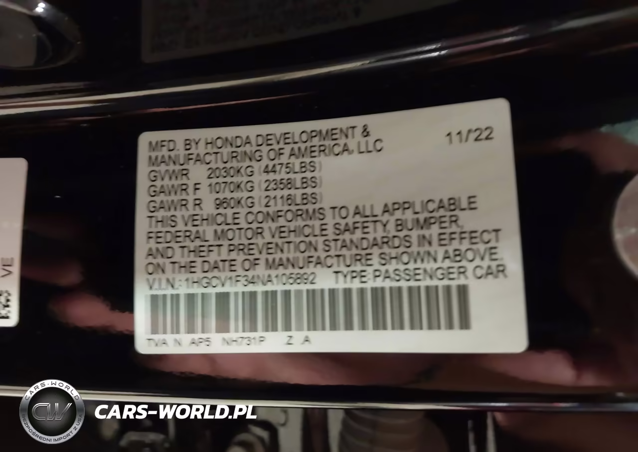 2022 Honda Accord Sport VIN:1HGCV1F34NA105892 - 9