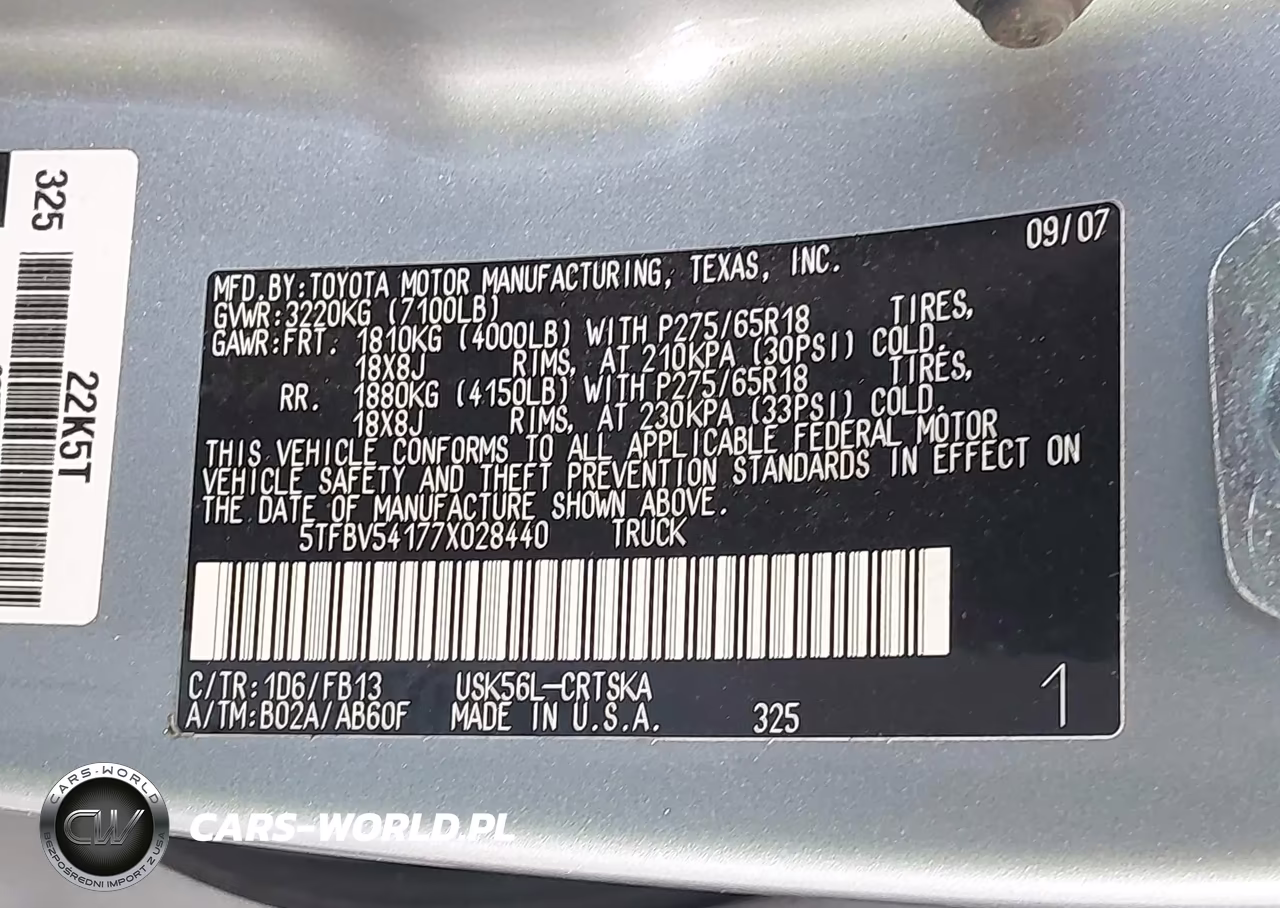 2007 Toyota Tundra Sr5 5.7L V8 VIN:5TFBV54177X028440 - 9