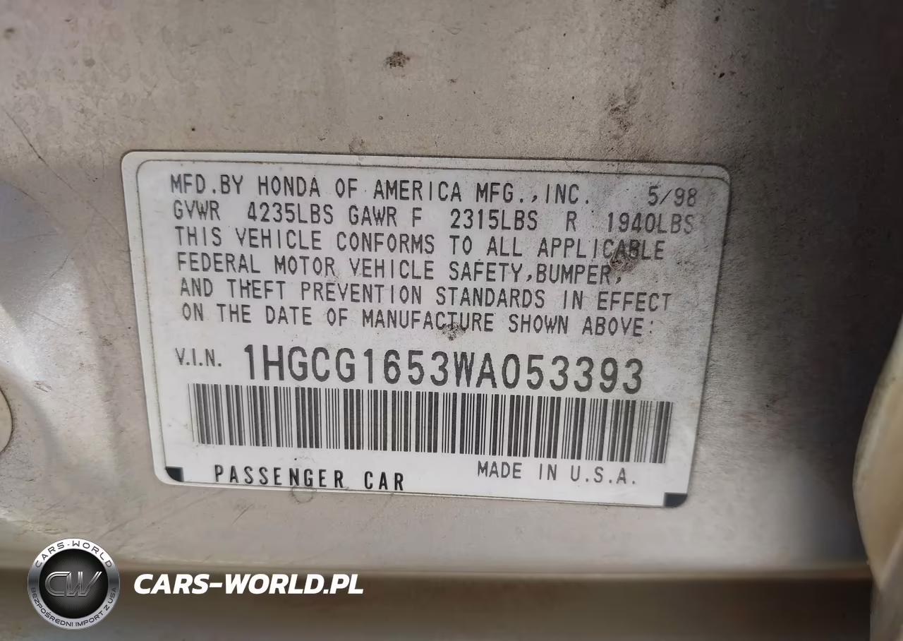 1998 Honda Accord Ex V6 VIN:1HGCG1653WA053393 - 9