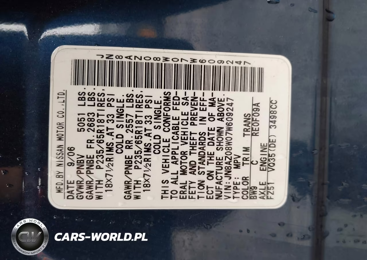 2007 Nissan Murano Se VIN:JN8AZ08W07W609247 - 9