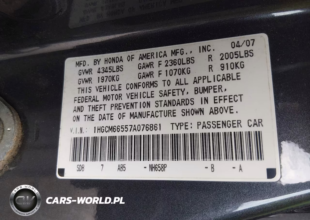 2007 Honda Accord 3.0 Ex VIN:1HGCM66557A076861 - 9