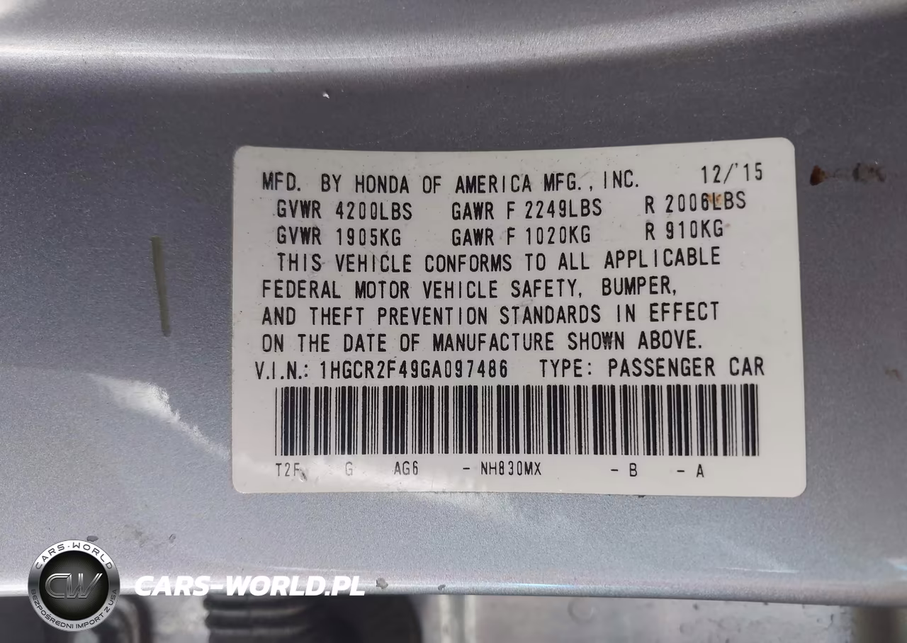2016 Honda Accord Lx VIN:1HGCR2F49GA097486 - 9