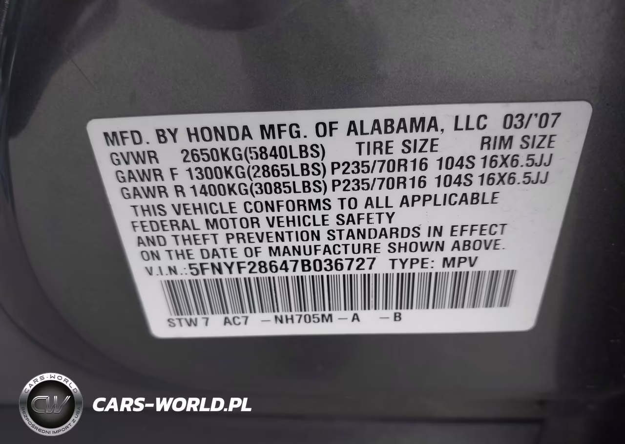 2007 Honda Pilot Ex-L VIN:5FNYF28647B036727 - 9