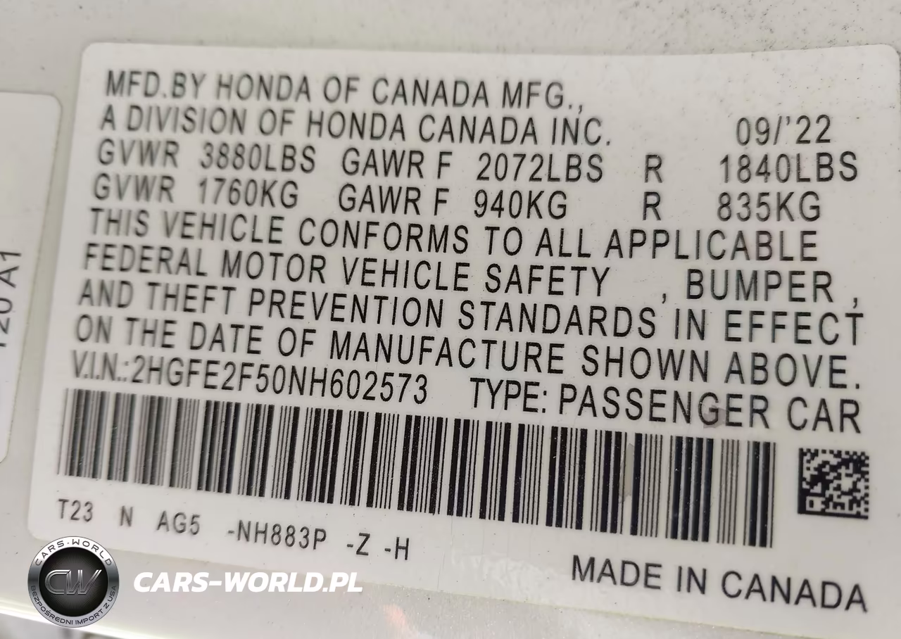 2022 Honda Civic Sport VIN:2HGFE2F50NH602573 - 9
