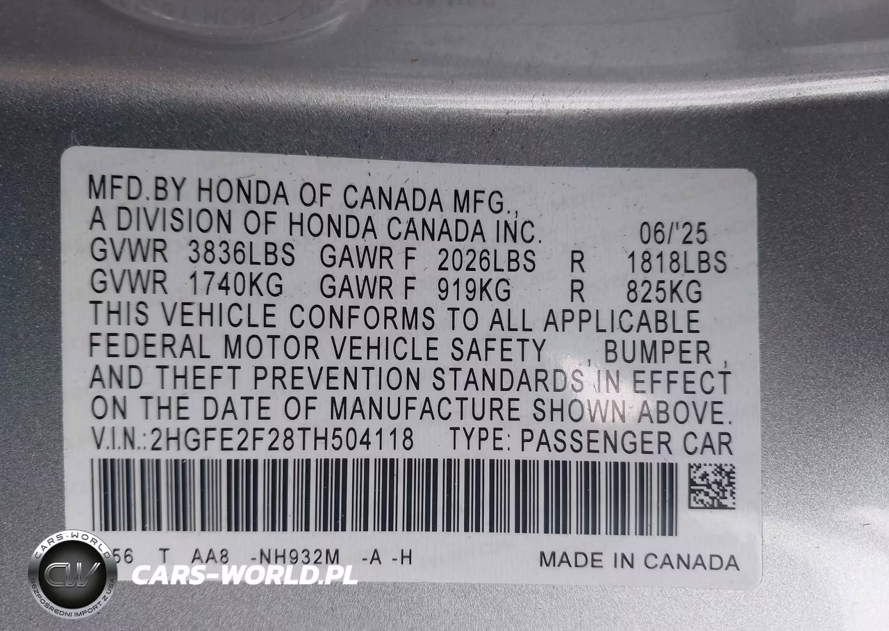 2026 Honda Civic Lx VIN:2HGFE2F28TH504118 - 9