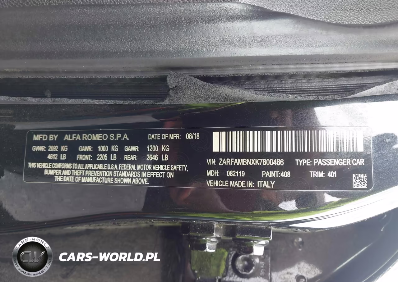 2019 Alfa Romeo Giulia Ti Sport Rwd VIN:ZARFAMBNXK7600466 - 9