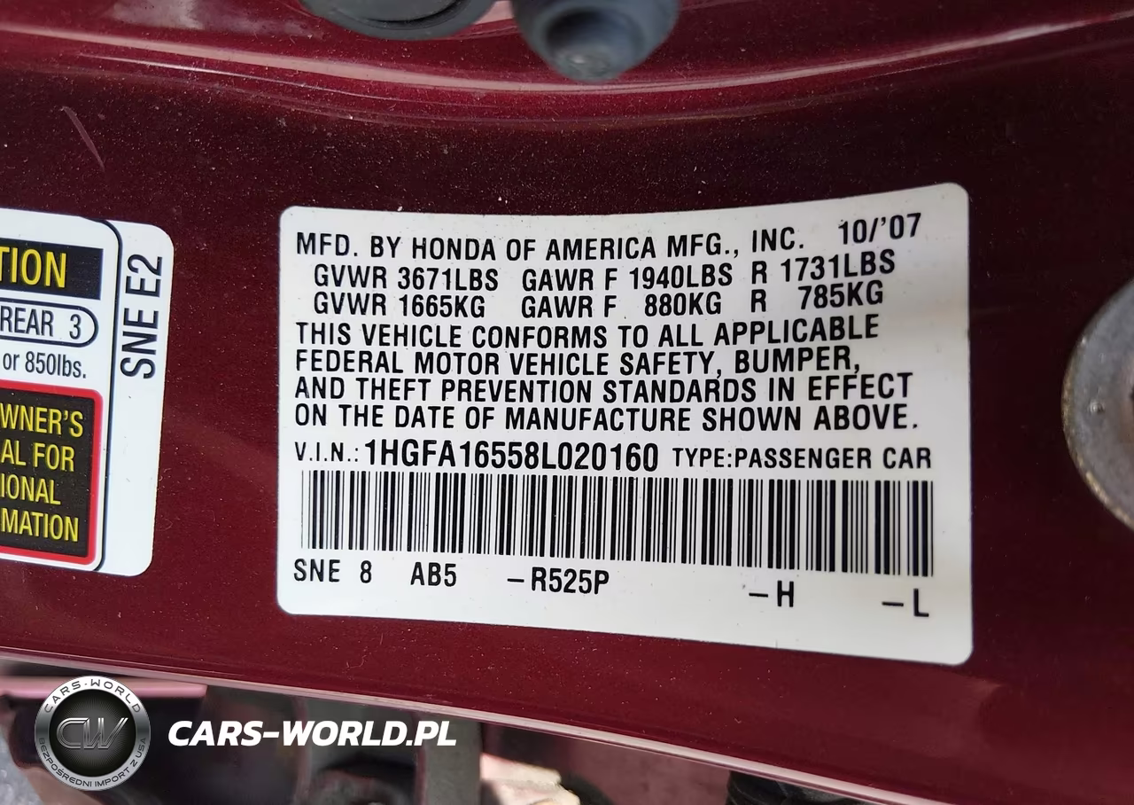 HONDA CIVIC LX VIN:1HGFA16558L020160 - 9