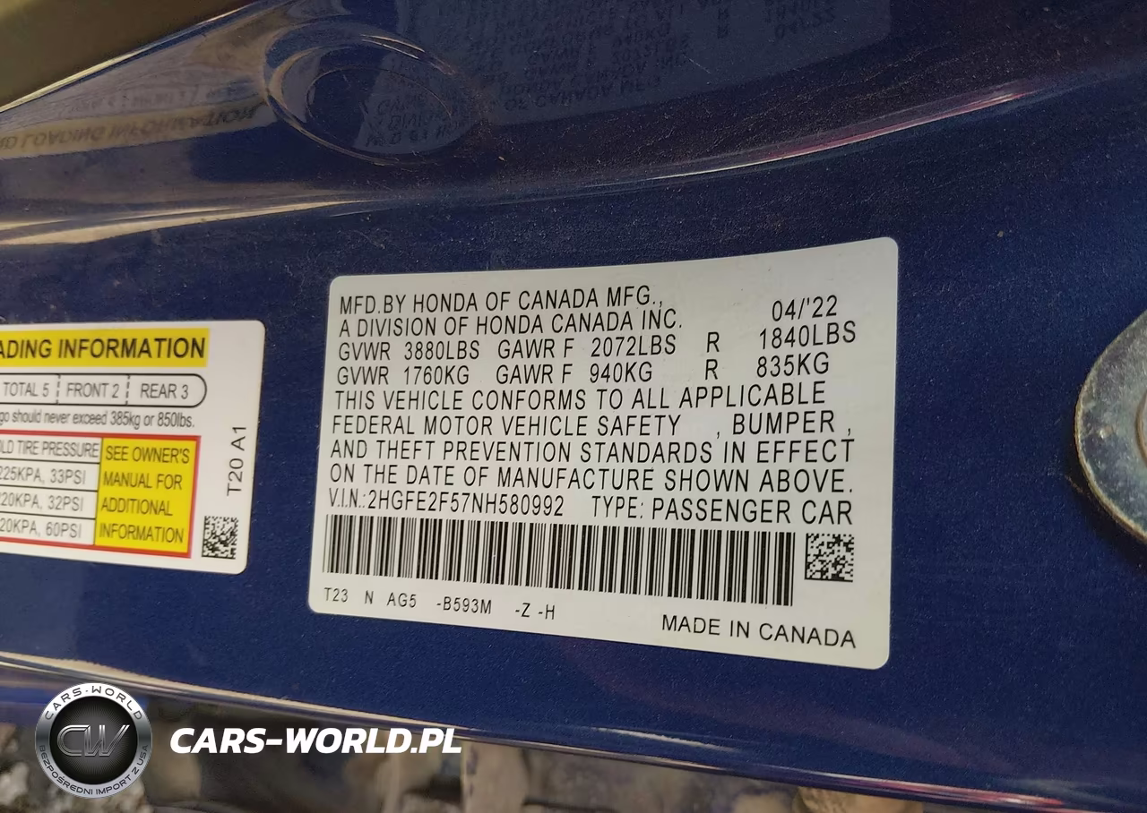 2022 Honda Civic Sport VIN:2HGFE2F57NH580992 - 9