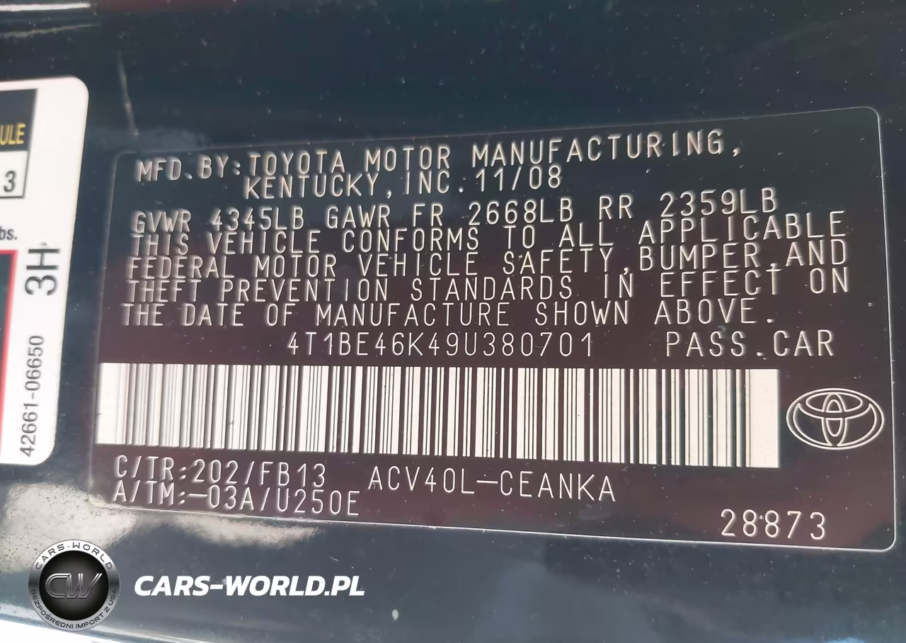2009 Toyota Camry VIN:4T1BE46K49U380701 - 9