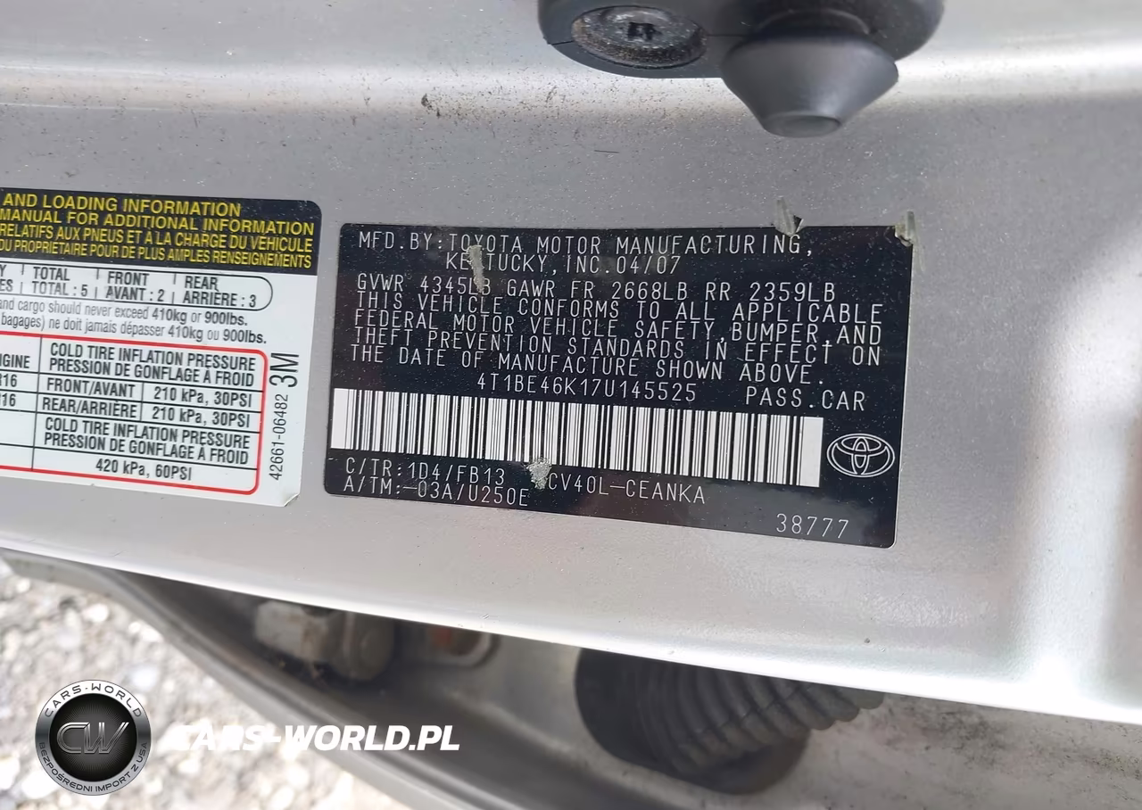 2007 Toyota Camry Le VIN:4T1BE46K17U145525 - 9