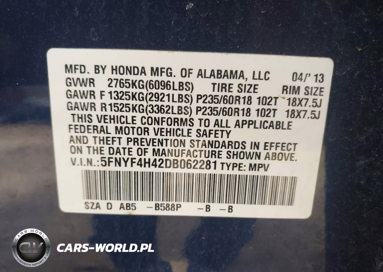 2013 Honda Pilot Ex VIN:5FNYF4H42DB062281 - 9
