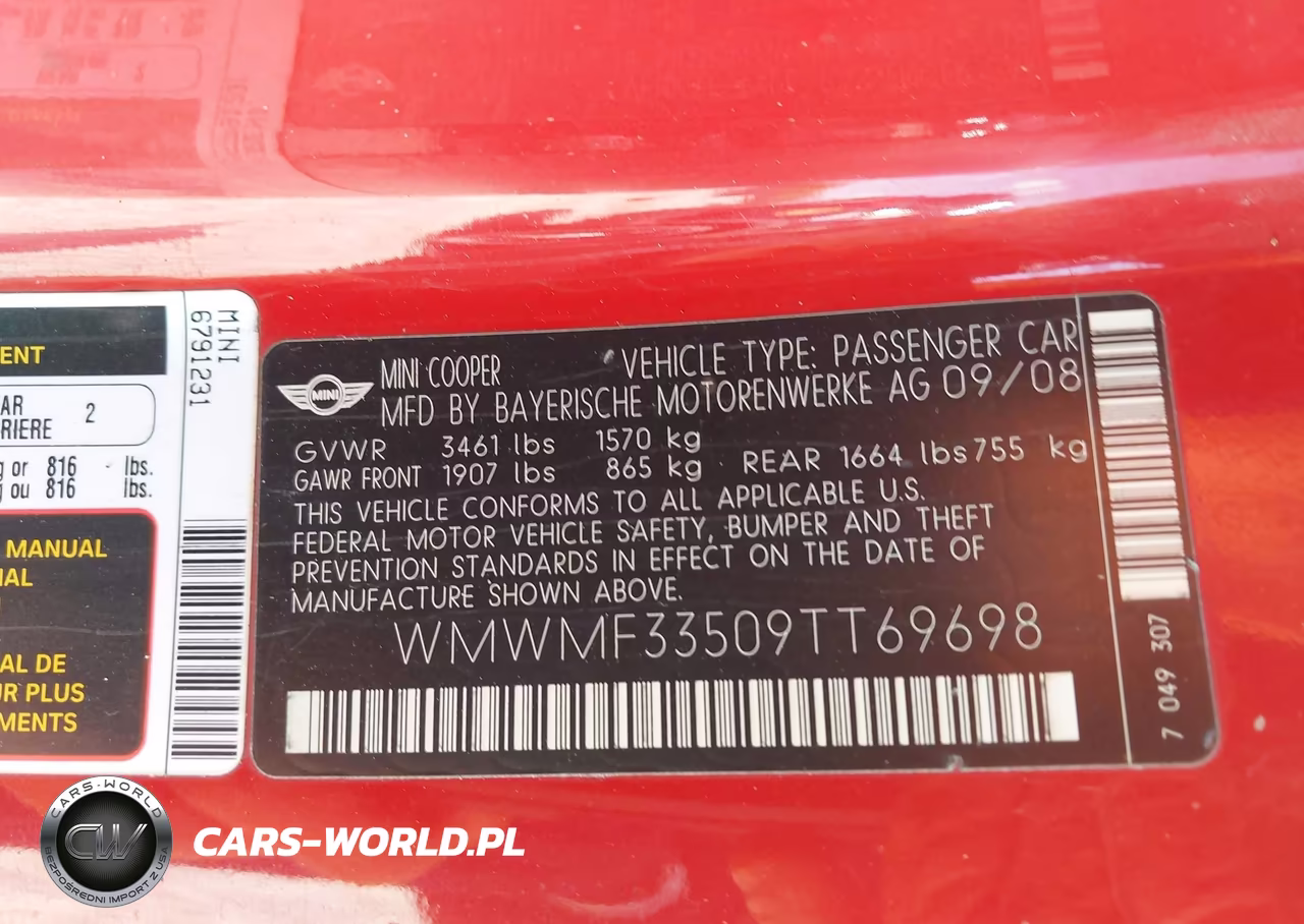 2009 Mini Cooper VIN:WMWMF33509TT69698 - 9