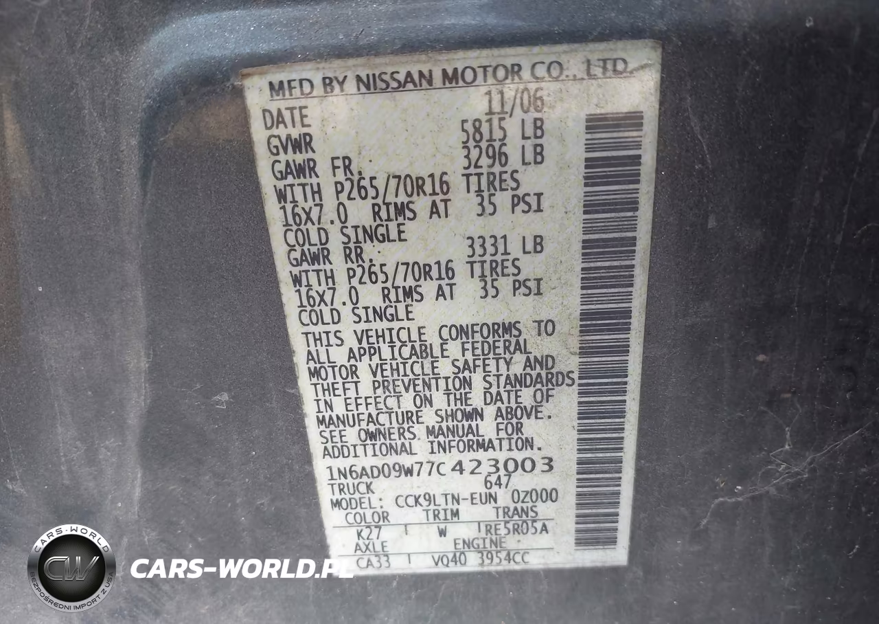 2007 Nissan Frontier Se VIN:1N6AD09W77C423003 - 9