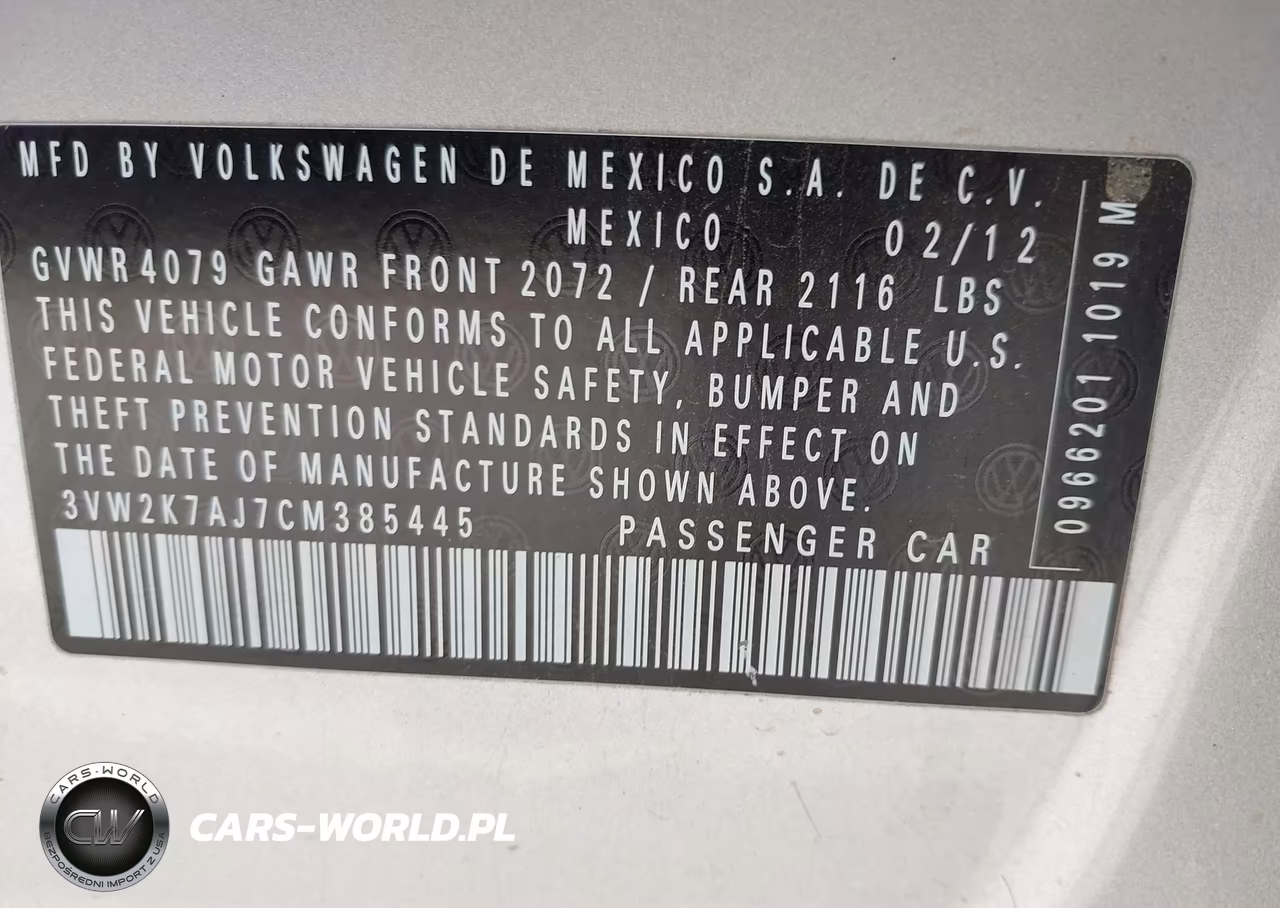 2012 Volkswagen Jetta 2.0L S VIN:3VW2K7AJ7CM385445 - 9